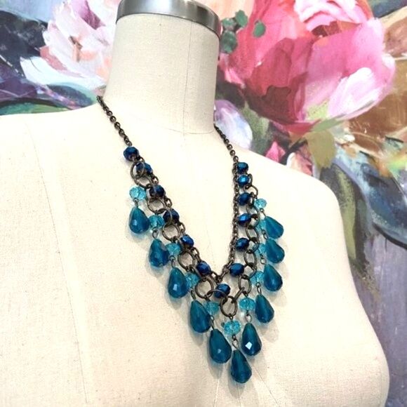 Blue Glass Crystal Drop Statement Necklace - Picture 3 of 5
